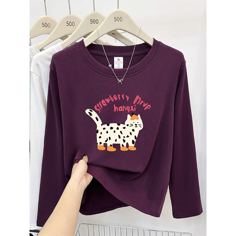 乌梅紫正肩长袖t恤女韩系ins卡通印花大码胖mm显瘦百搭打底衫上衣