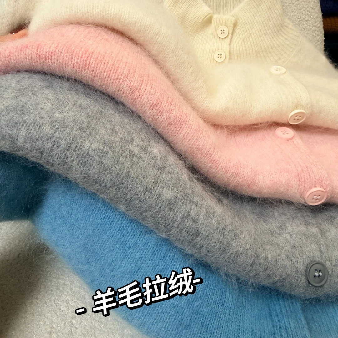 羊毛拉绒开衫~加厚女装毛衣纯羊毛外套秋冬保暖针织衫花纱翻领女