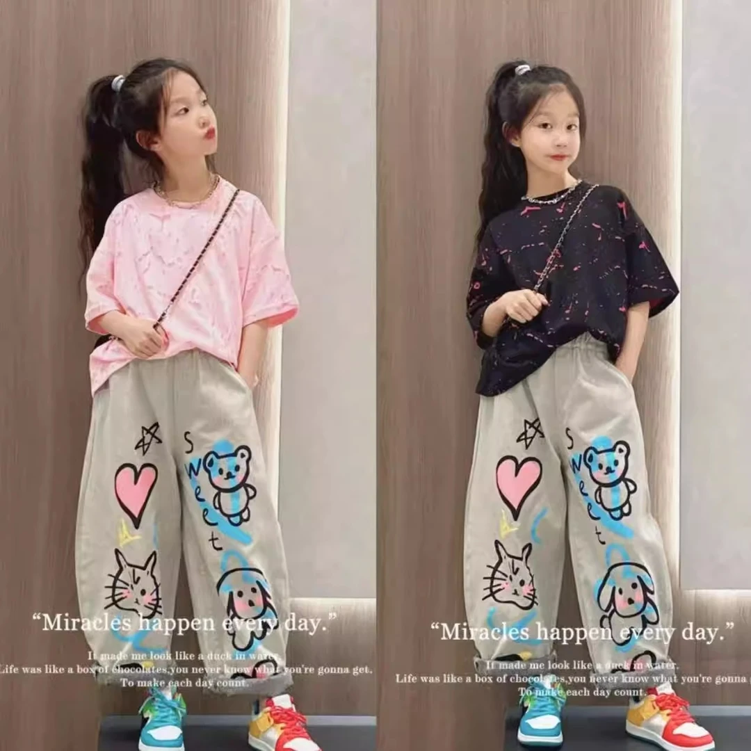 女童裤子2025夏季穿搭薄款牛仔裤夏季女孩好看百搭阔腿裤儿童套装