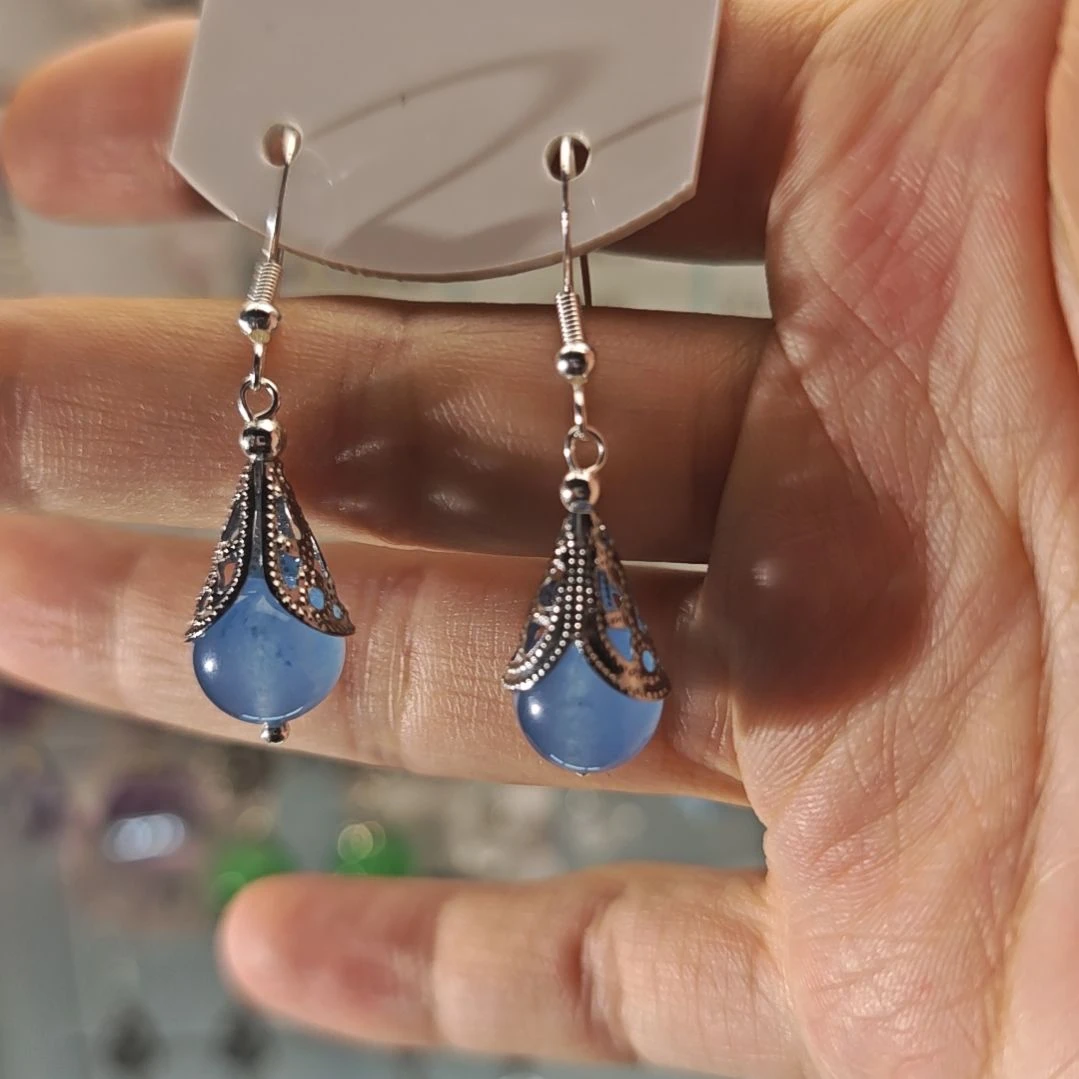 玛瑙/玉髓未镶嵌耳钉蓝玉髓灯笼款S925