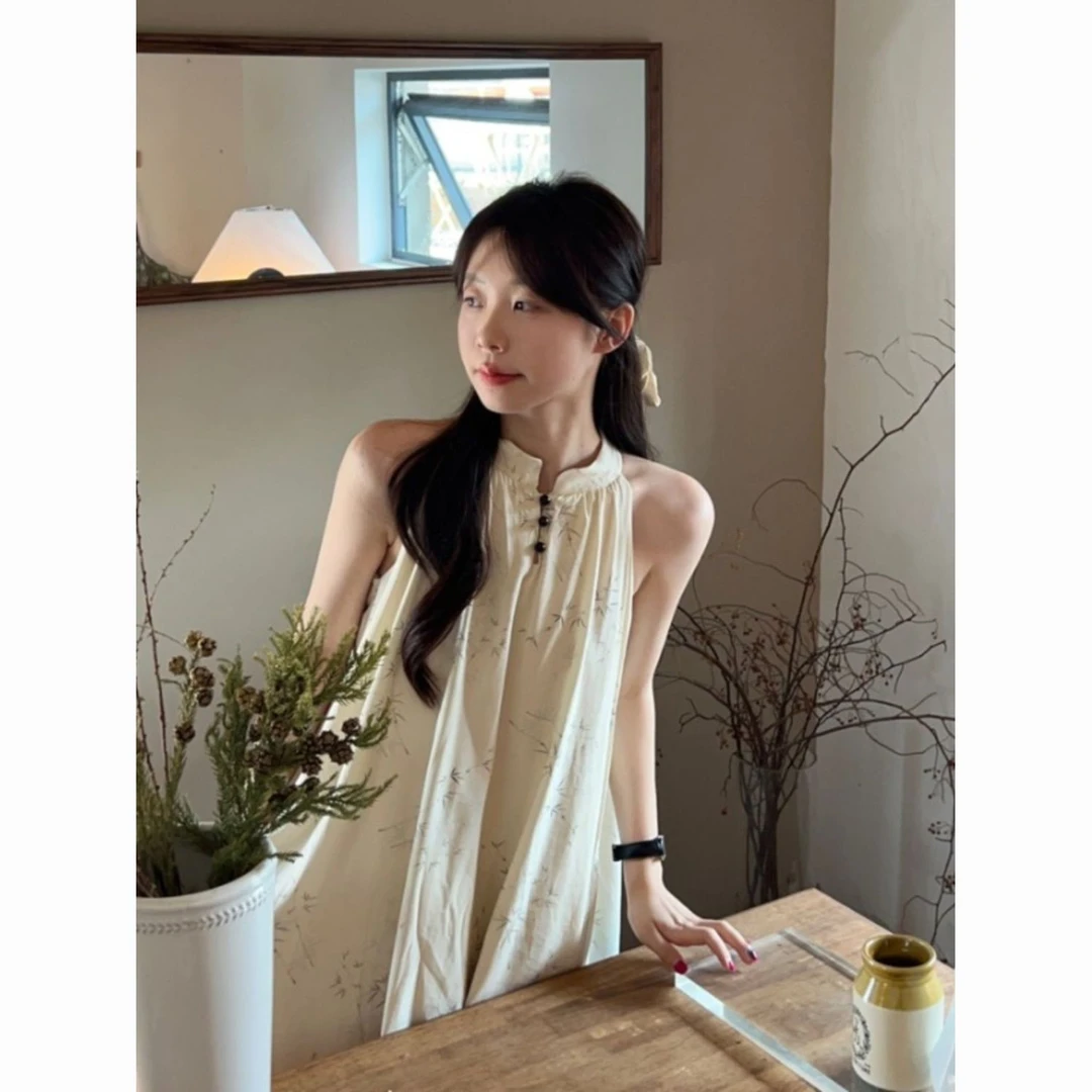 新中式竹叶印花挂脖连衣裙女夏季爆款气质中国风大摆裙A字裙2025