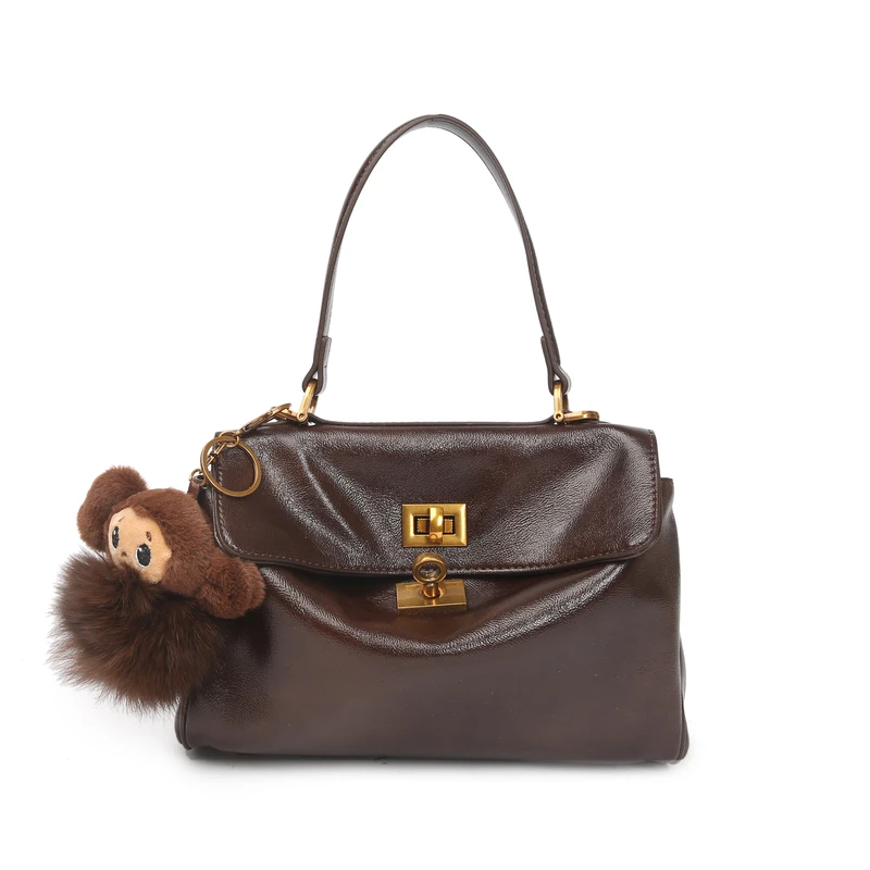 【RAIN·CUN】 轻奢复古可爱挂件手提斜挎托特包 SKL-5391-1-咖啡色