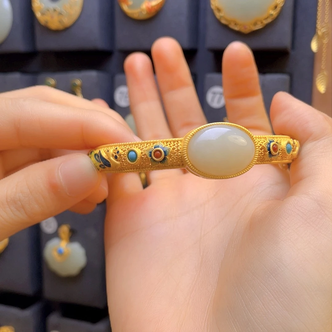 和田玉手镯银S925镀金镶嵌