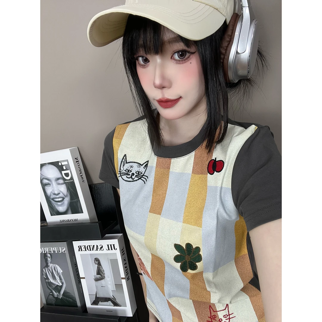 [VJXK]夏季撞色条纹拼接短袖T恤女短款修身显瘦辣妹潮流ins风上衣