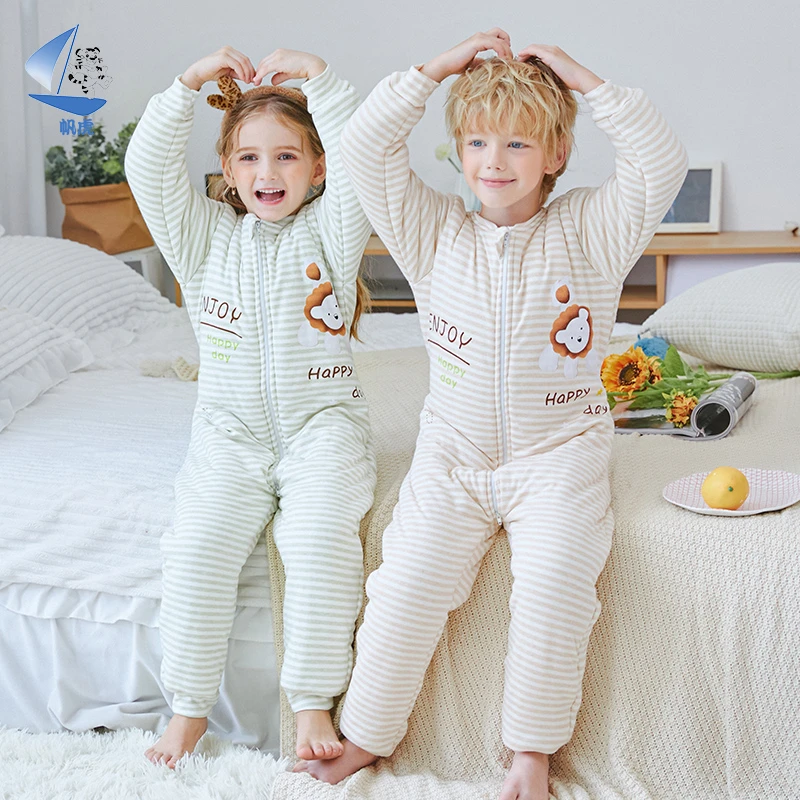2025儿童连体睡衣男冬女大童防踢纯棉加厚保暖三层夹棉睡袋家居服