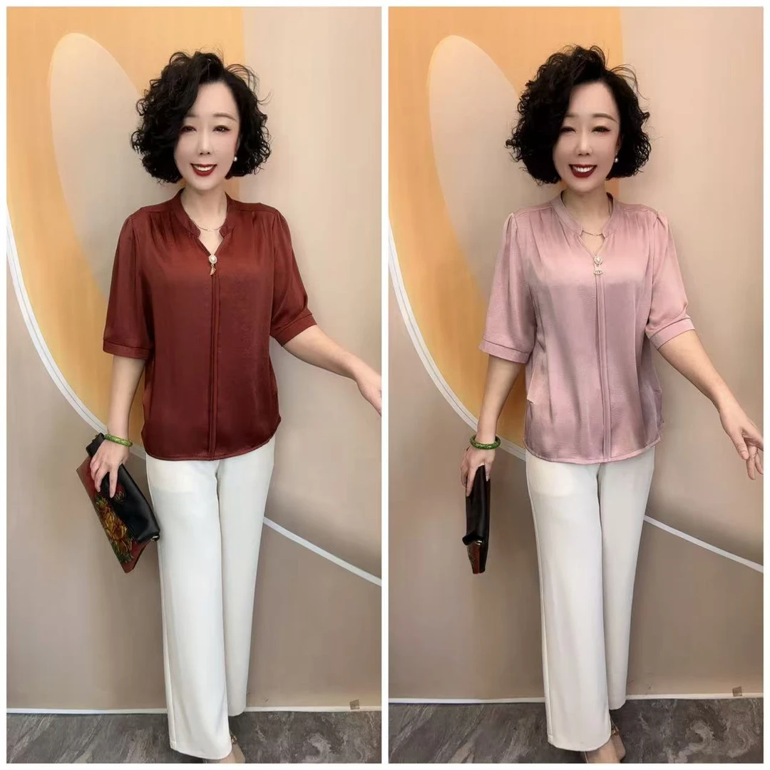 2516夏薄款套头宽松大码休闲中老年加肥加大休闲纯色衬衫衣长64