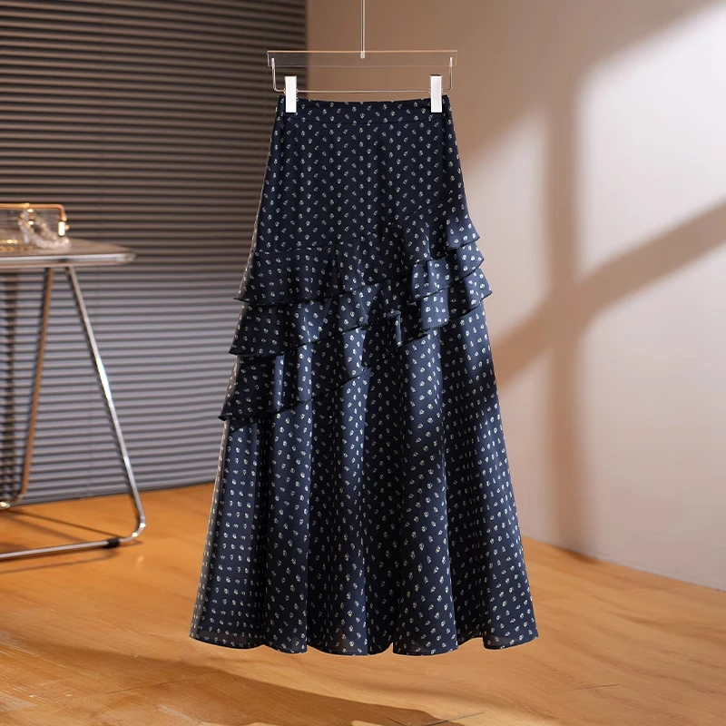 拉夏贝尔法式碎花木耳边半身裙女2025夏新款时尚气质显瘦A字伞裙