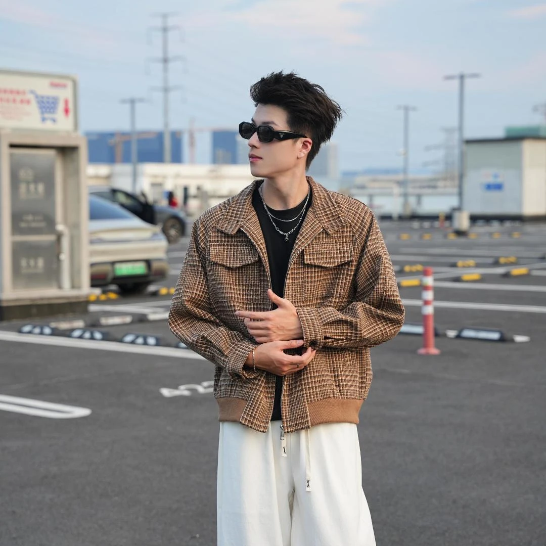 WNBV美式千鸟格哈灵顿夹克男款秋款高级感短款立领cleanfit外套