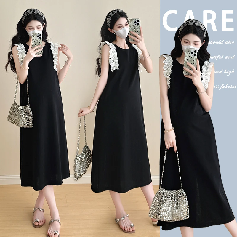 孕妇夏装时尚洋气2025小飞袖花边黑色无袖气质夏季显瘦孕妇连衣裙