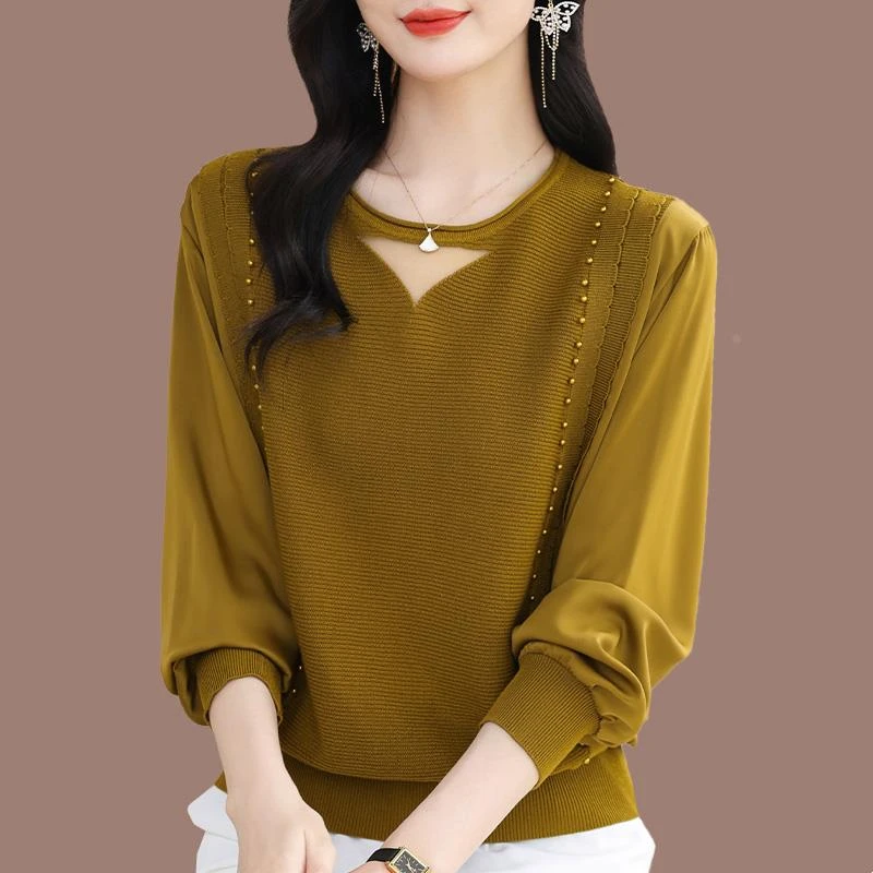 雅鹿妈妈装春秋新款桑蚕丝针织衫女宽松大码洋气圆领上衣遮肚长袖