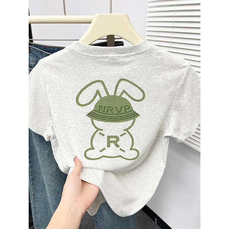 正肩短袖t恤女装春夏新款韩版小个子圆领时尚洋气前后印花小上衣