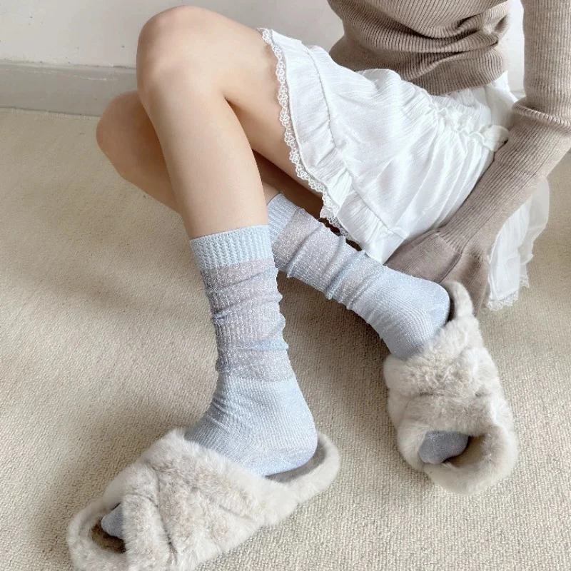 【粉风】东大门夏日闪闪透气银丝堆堆袜