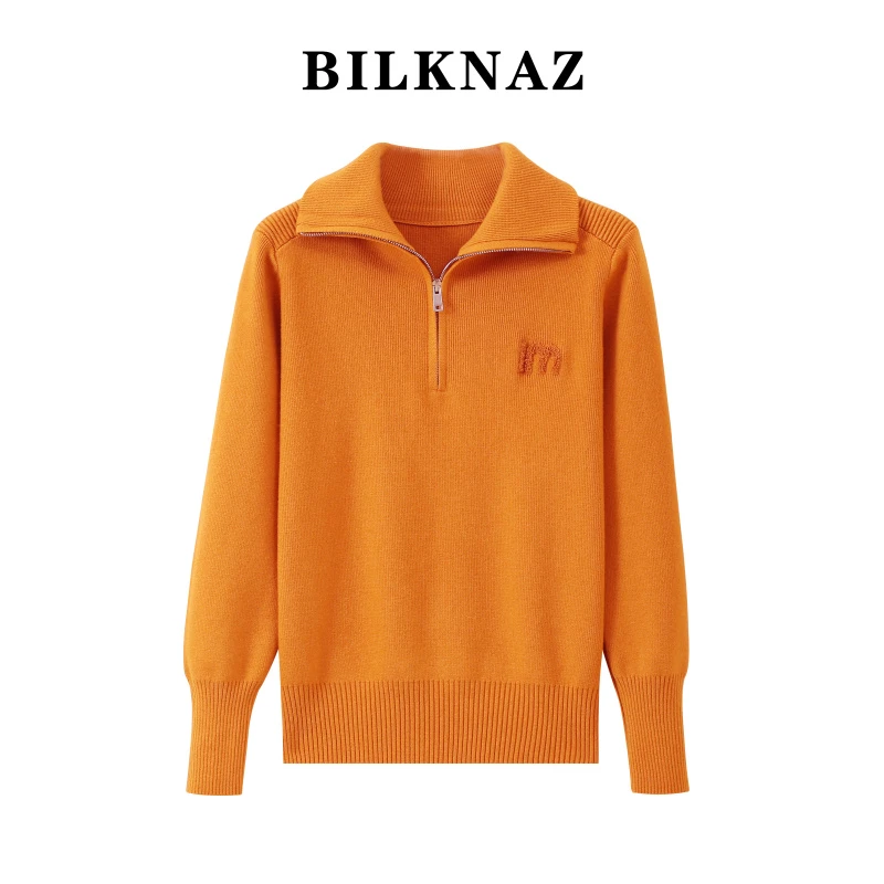 BILKNAZ2026春季宽松遮肉高领纯色半拉链翻领针织衫S6110