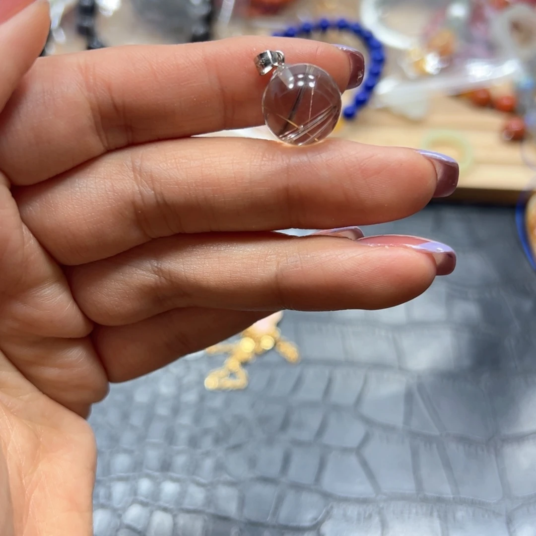 银S925镶嵌手链烟晶发晶球