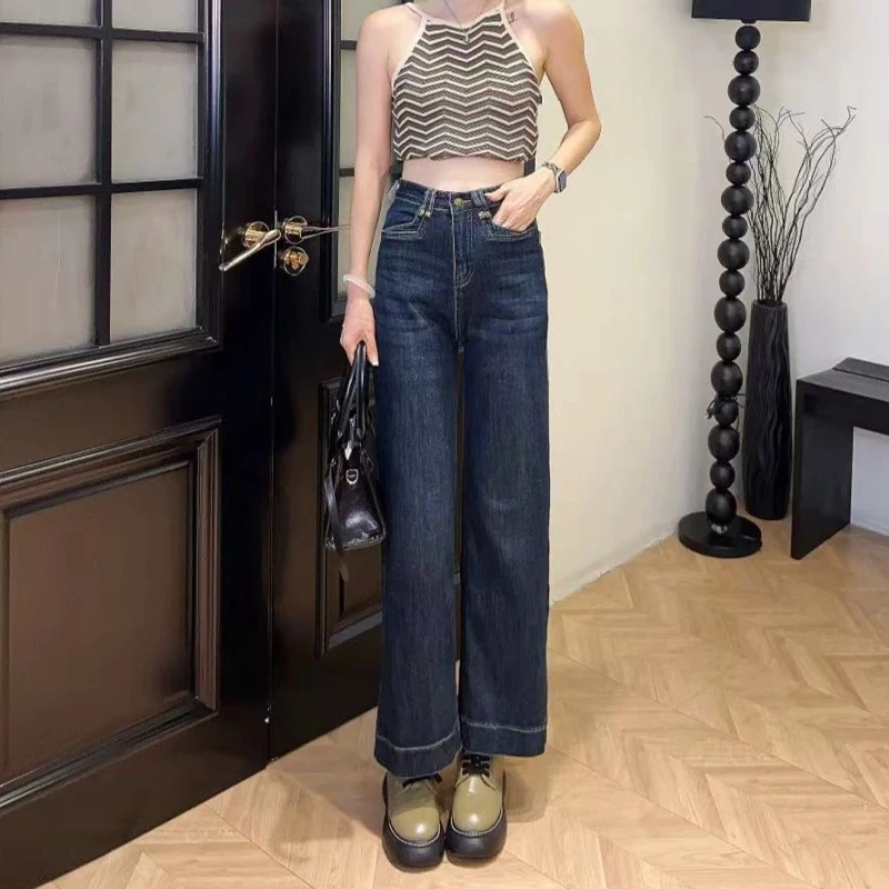 小个子阔腿牛仔裤女2025初秋蓝色大直筒裤百搭高腰复古九分法棍裤