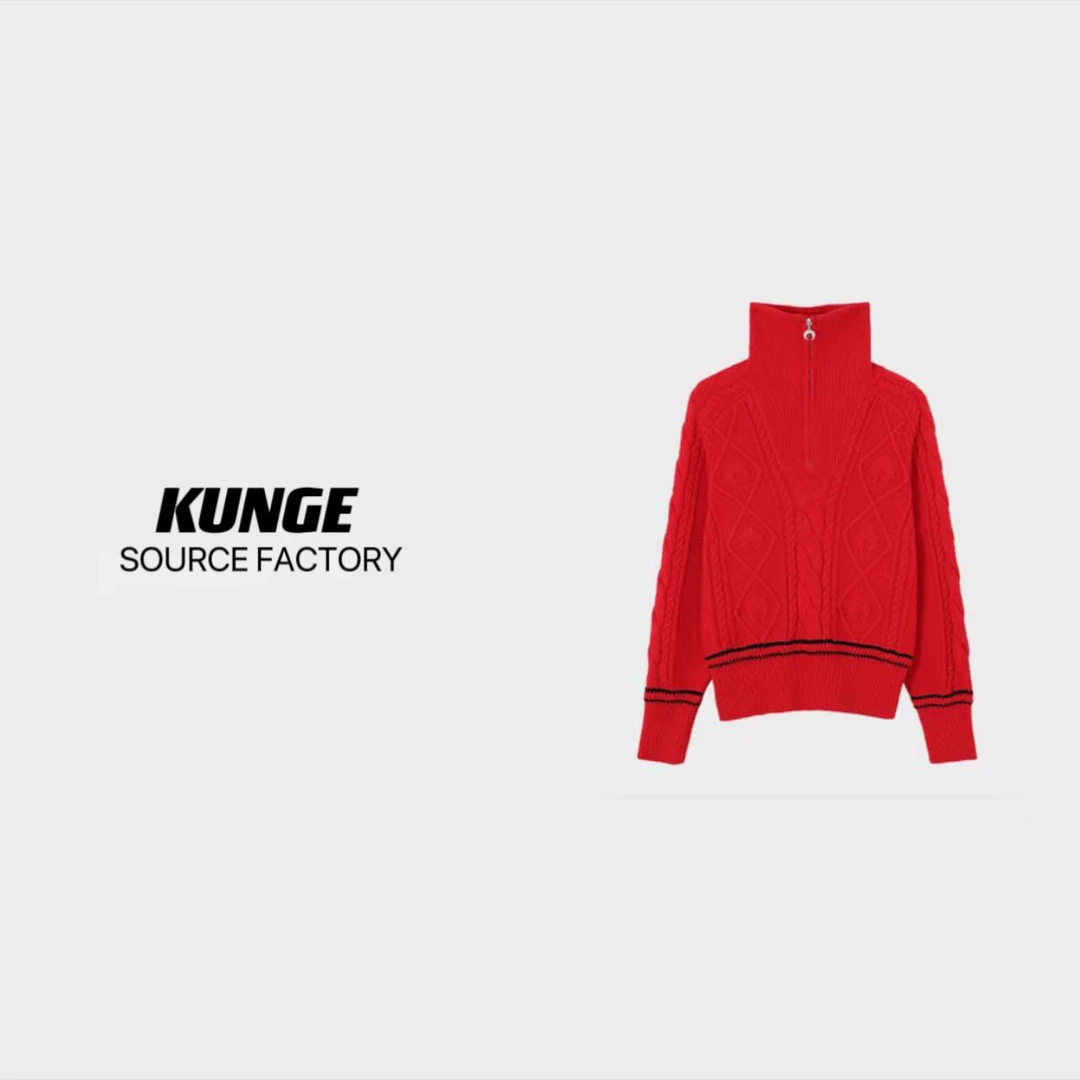 KUNGE--3022秋冬高领拉链设计感百搭毛衣时尚羊毛红色长袖针织衫