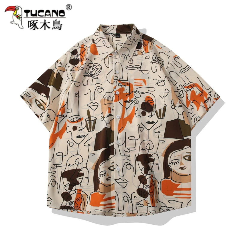TUCANO/啄木鳥夏季薄款半袖衬衣涂鸦速干短袖衬衫复古嘻哈国潮男