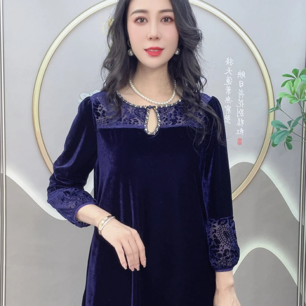 水滴圆领烧花镂空丝绒衫时尚舒适显瘦气质