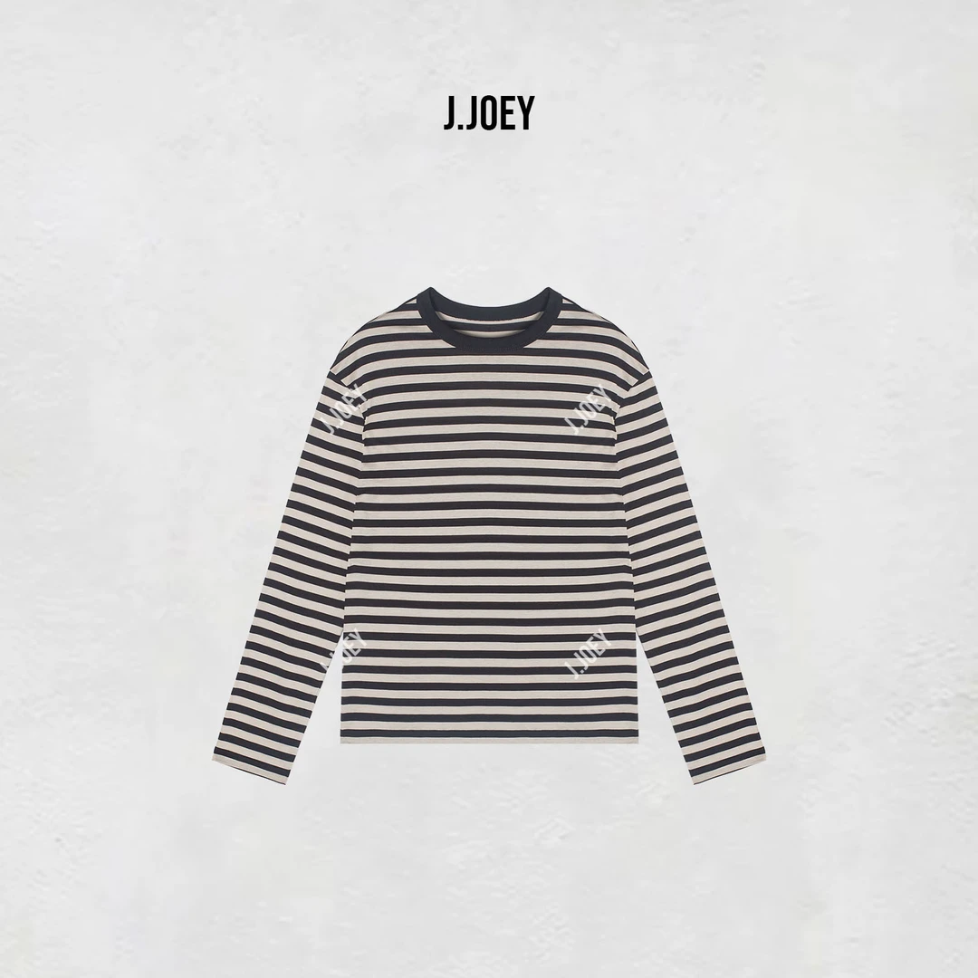J.JOEY 经典宽松圆领简约百搭灰黑条纹长袖T恤 0919