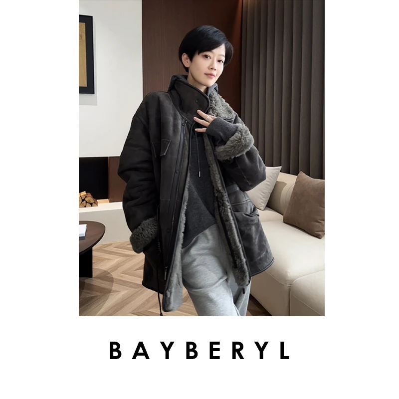 BAYBERYL老贝乌托邦*脏灰抽绳厚一体外套皮衣PY4G2905