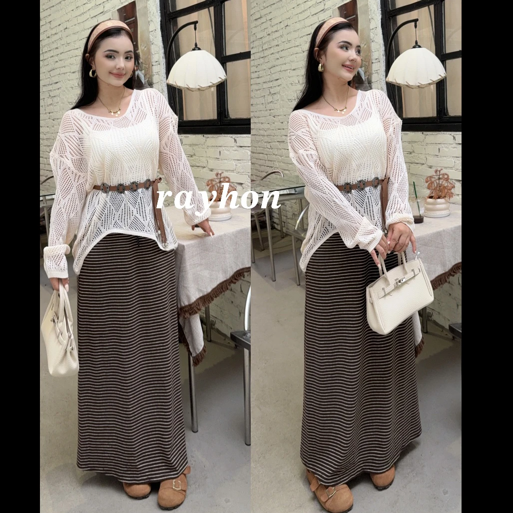 Rayhon四件套镂空树脂固色法式中长款毛针织衫开叉复古cleanfit风