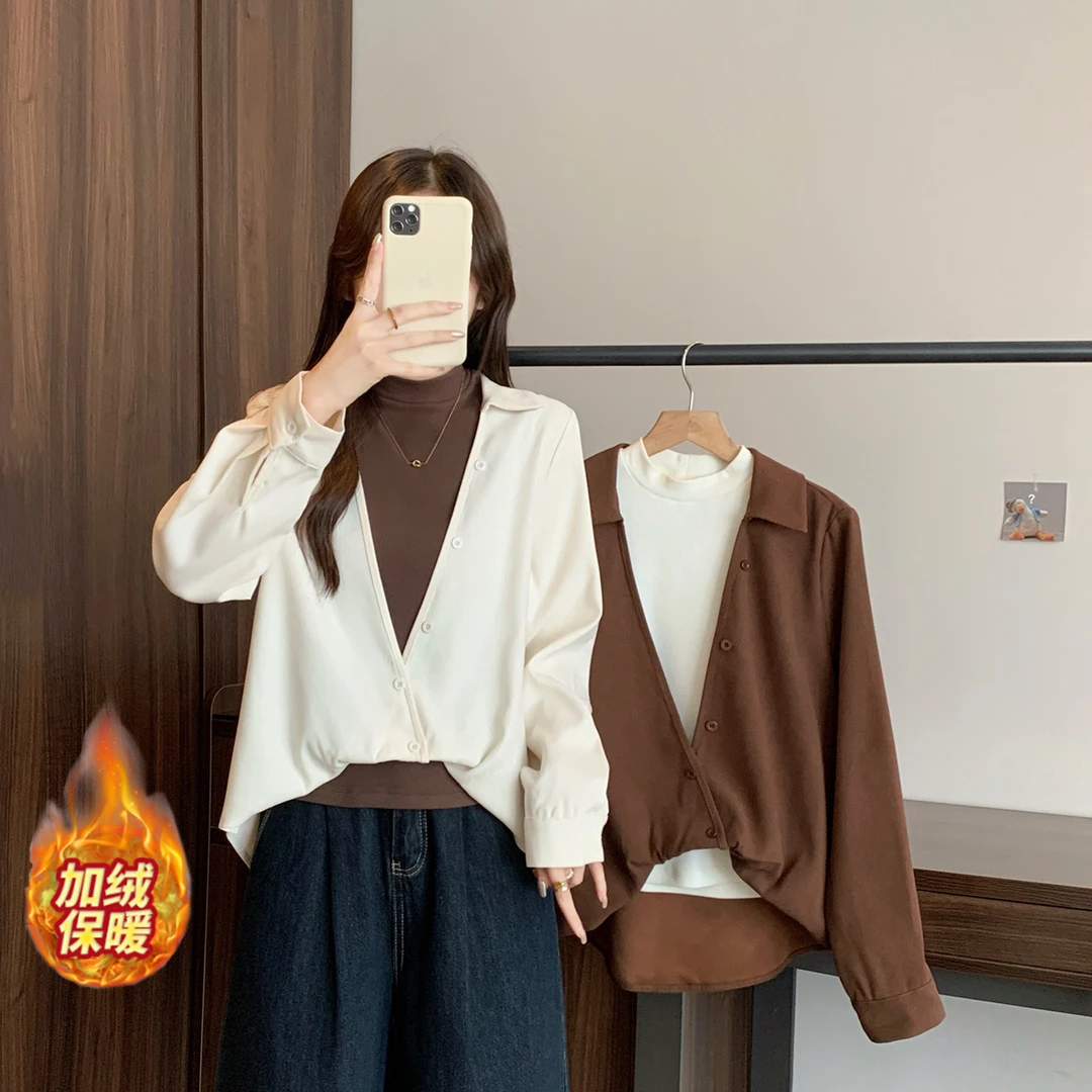 清大码磨毛加绒内搭背心宽松衬衫两件套2025秋冬别致上衣80608