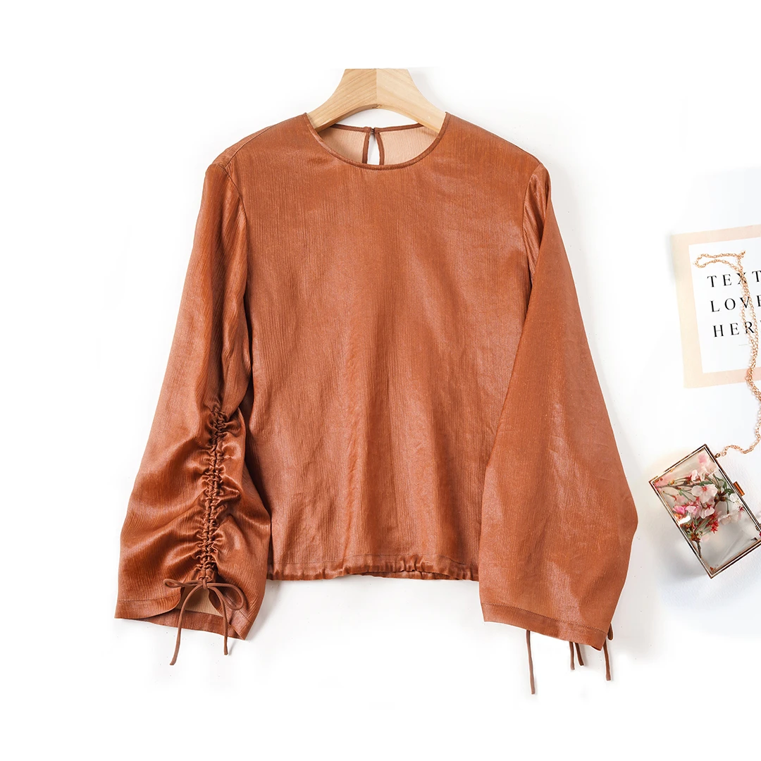 100%桑蚕丝红云纱顺纡绉新中式长袖高端女装宽松百搭真丝上衣休闲