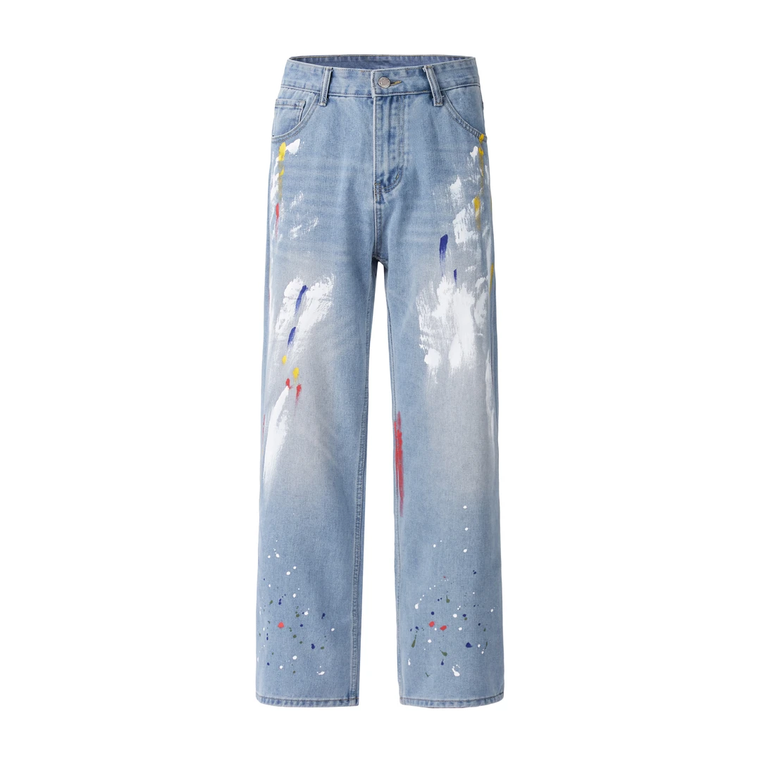 撞色拉链泼墨中腰无弹力男牛仔裤秋季休闲直筒蓝色裤子夏季水洗