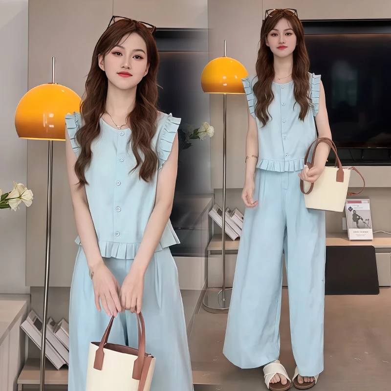 休闲韩版气质套装女2025夏季新款时髦圆领无袖上衣阔腿裤两件套潮