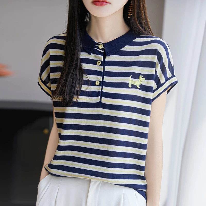 2025新款正品夏季新款小狗刺绣百搭条纹针织衫翻领薄款短袖T恤