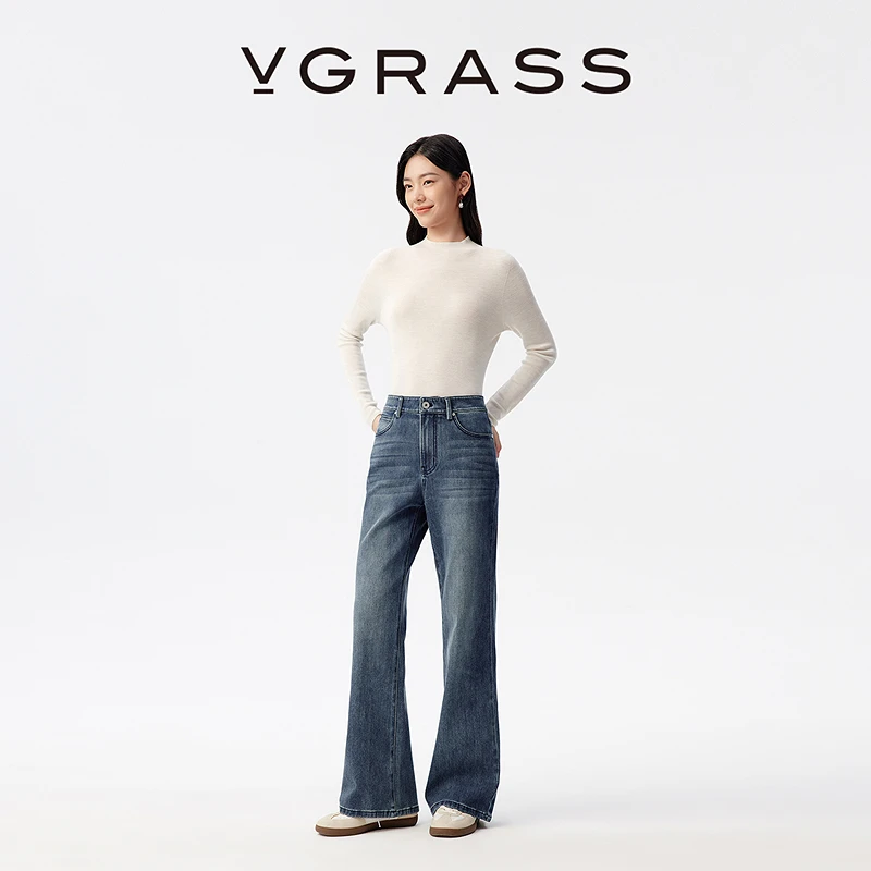 【达人专用】VGRASS复古显瘦微喇水洗牛仔裤25冬新款随性做旧裤子