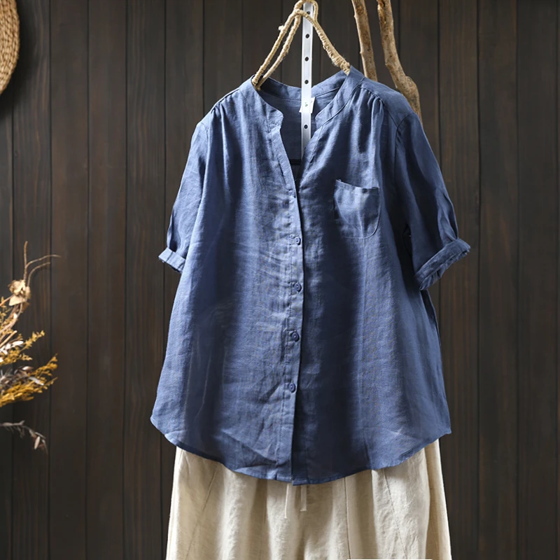 藏青V领苎麻衬衫女夏薄款五分袖2025新文艺休闲轻薄透气中袖上衣