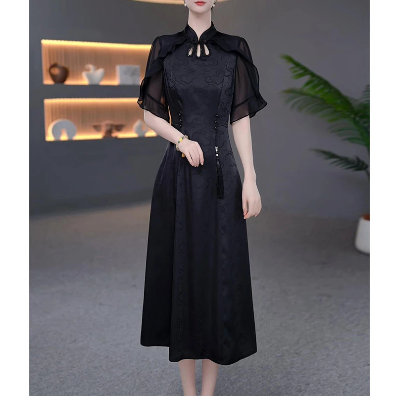 DBF-25A437 新款气质性感中式改良镂空蕾丝减龄连衣裙 M-5XL