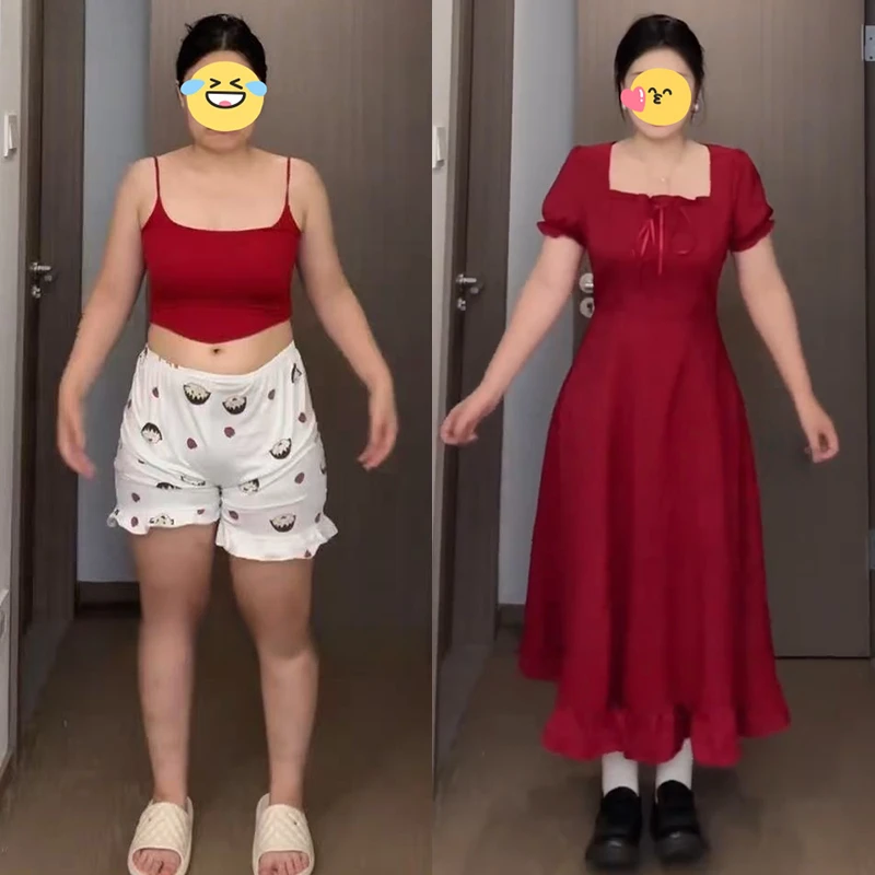 大码茶歇法式短袖连衣裙女夏季高级感方领收腰显瘦气质名媛风裙子