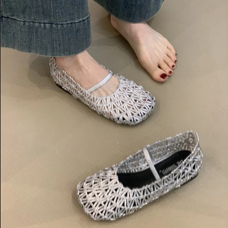 JXH-169-21复古玛丽珍鞋女2025纯手工编织镂空透气平底豆豆鞋单鞋
