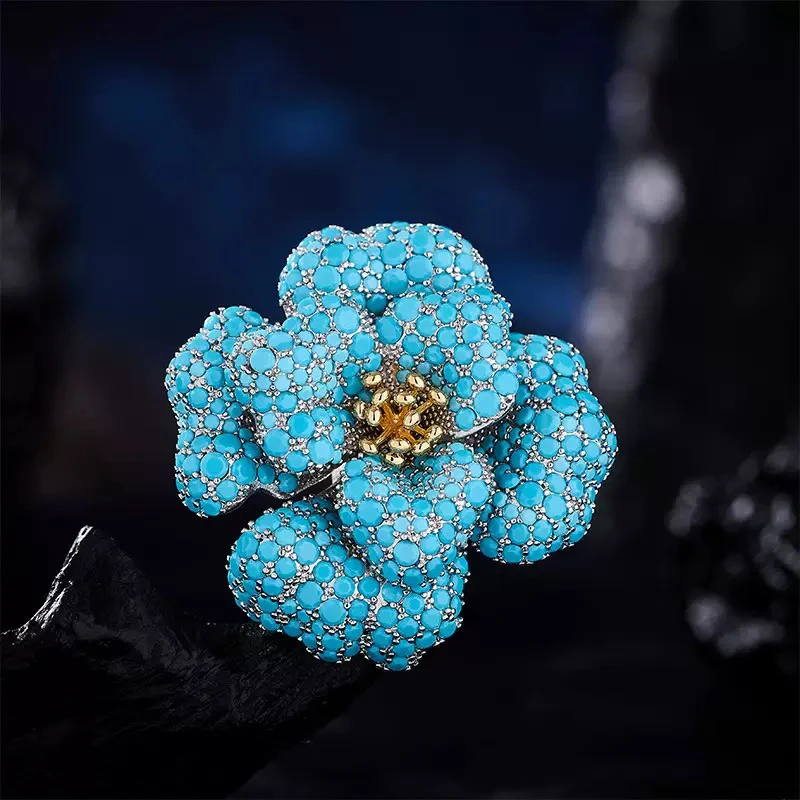 铜合金合成锆石胸针 1324新品重工高货双色金松松牡丹胸针