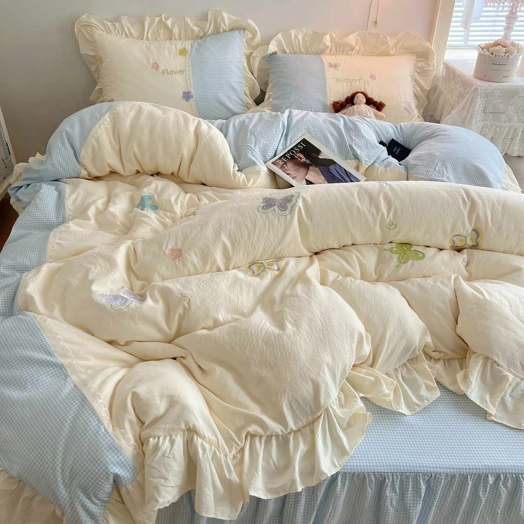 水洗棉拼接蕾丝花边四件套公主风小清新床品套件