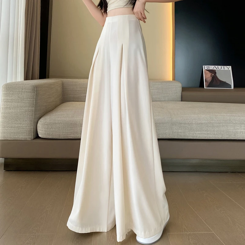 高级感米白色裤裙女夏季薄款冰丝阔腿裤高腰垂坠感宽松拖地西装裤