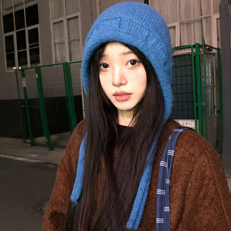 韩系蓝色绑带针织包头帽女秋冬出游毛线帽显脸小户外保暖韩系帽子