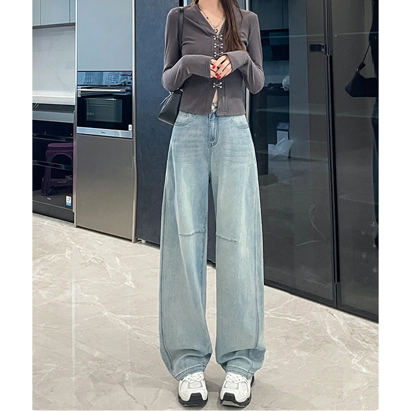 韩系牛仔弯刀裤女2025高腰显瘦大码胖mm小个子秋季新款垂感阔腿裤