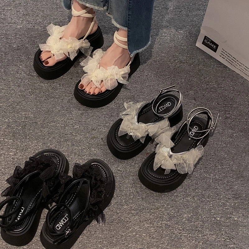 （多多鞋服669）仙女风厚底凉鞋25款外穿时尚蝴蝶结百搭增高沙滩鞋