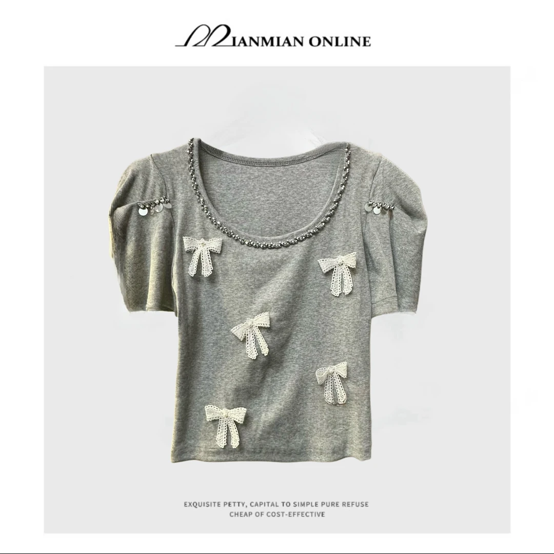 遥一遥【格雷美高】泡泡袖insu领短袖正肩t恤小个子小众短款上衣女