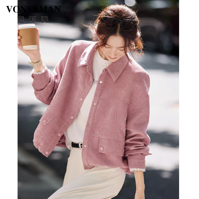 粉色翻领短款外套2025春秋新款蕾丝拼接袖口抽绳下摆休闲夹克上衣