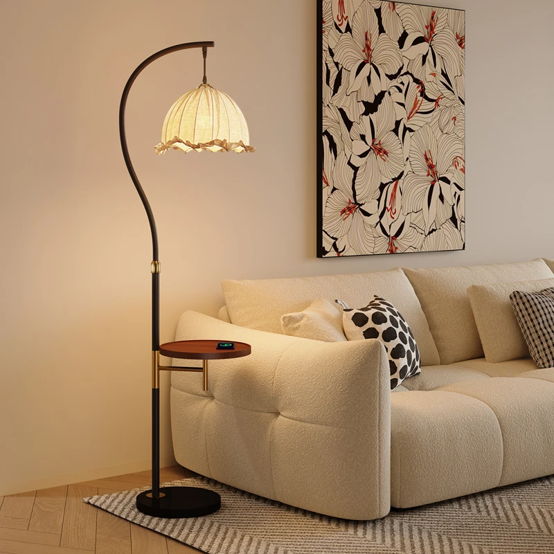 复古落地灯置物架一体中古风卧室法式客厅沙发边几轻奢床头氛围灯