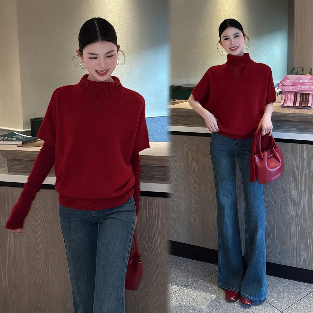 李慧一【韩系美嘟】设计感半领女神约会必备短袖+袖套百搭长款毛衣