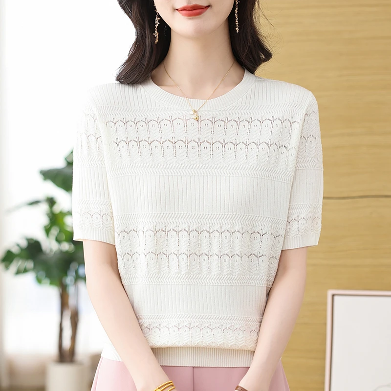冰丝短袖T恤女夏季新款时尚镂空针织上衣XMY-7101