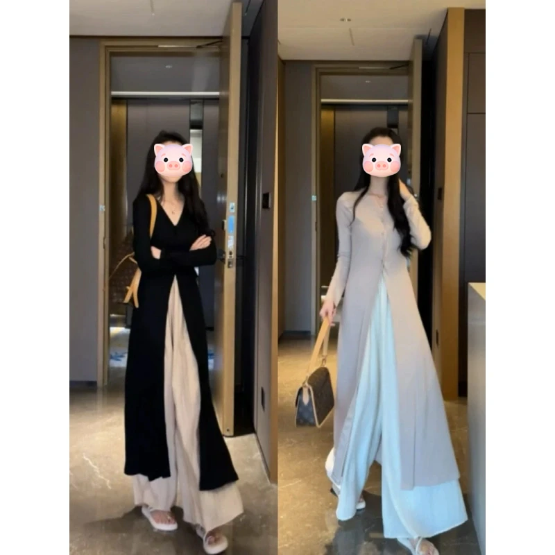 高级感赫本风气质黑色修身V领开衫中长款外套女慵懒风阔腿长裤