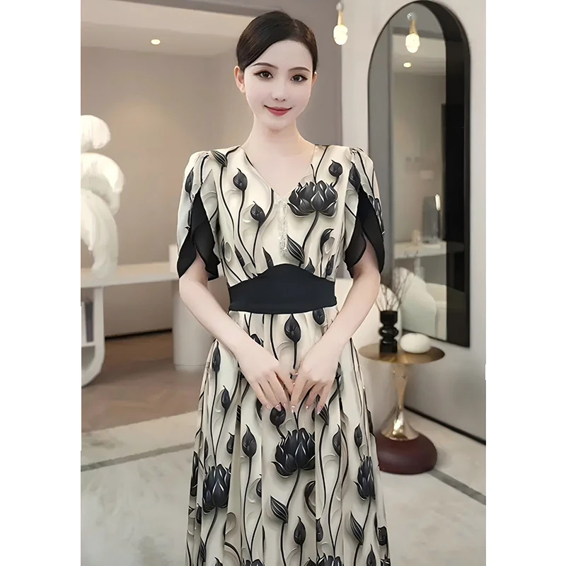 2025夏季轻奢新款法式气质长裙收腰显瘦优雅黑色连衣裙子女D1402