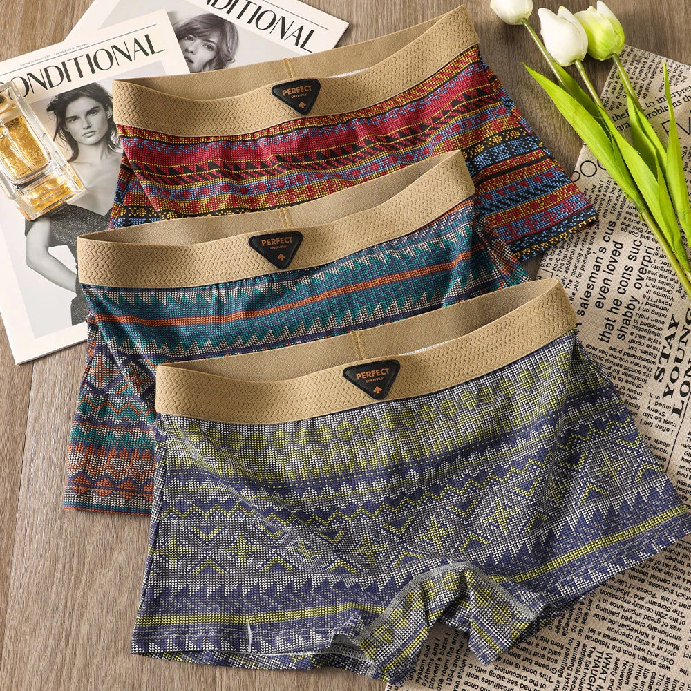 个性复古潮流女士内裤潮流菱格印花纯棉柔软舒适平角裤透气女内裤