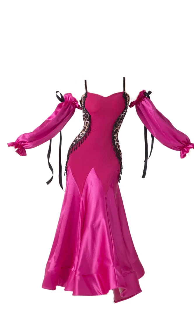 鲸艺摩登舞国标舞表演演出显瘦带胸垫底裤连衣裙摩登舞裙J136玫豹